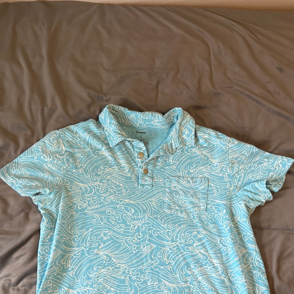 Sonoma Aqua Wave Pattern Polo Shirt